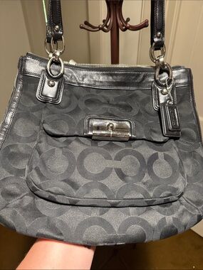 Coach Black Signature Canvas Shoulder Bag with Silver Hardware
